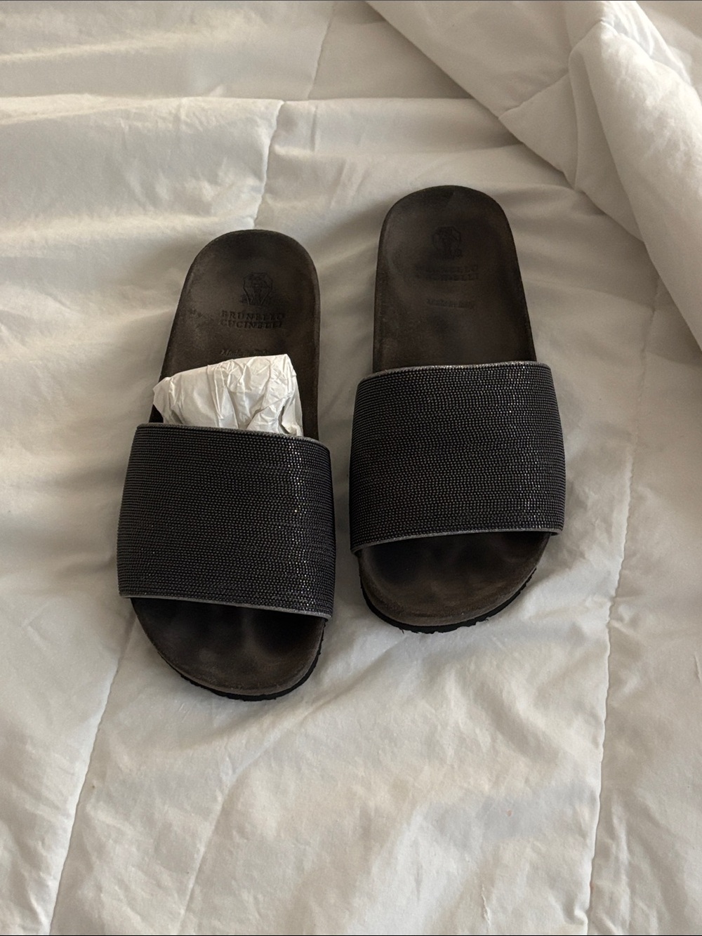 DARK GRAY BRUNELLO CUCINELLI Beaded Slide Sandals